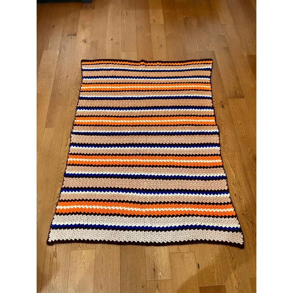 Vintage 70s Crochet Afghan Blanket Throw Orange Blue Tan Stripe Handmade 53x68